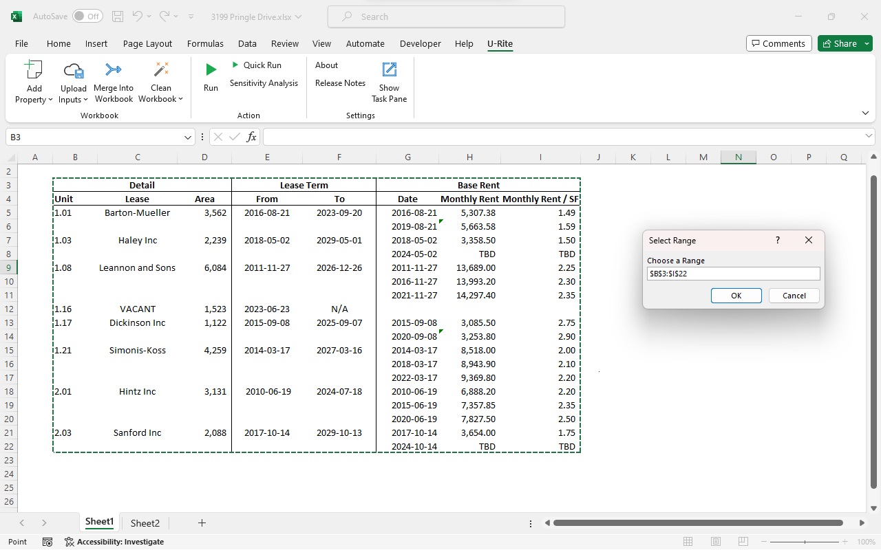 Select the range of the table data