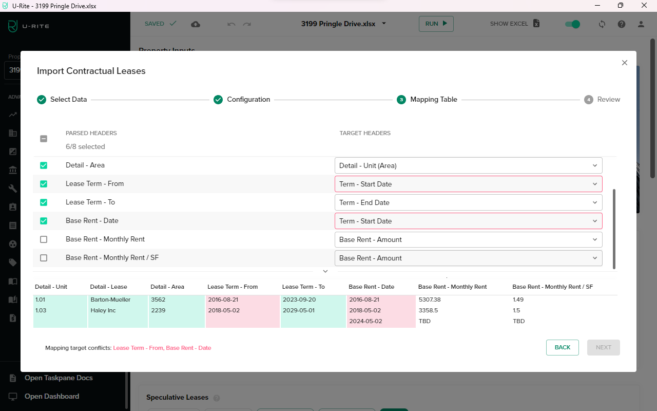 Change Base Rent - Date target header to Start Date