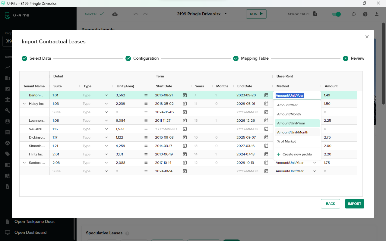 Update the Base Rent Method to Amount/Unit/Month