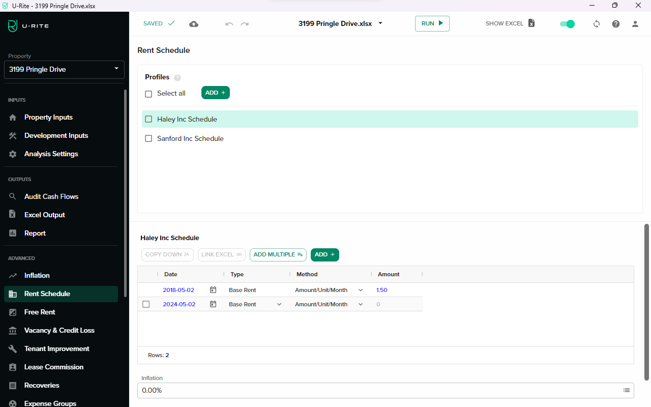 The Rent Schedule is also imported as linked values
